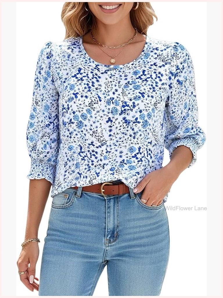 Plus Size Boho Floral Blouse Puff Sleeve Crew Neck Summer Tops